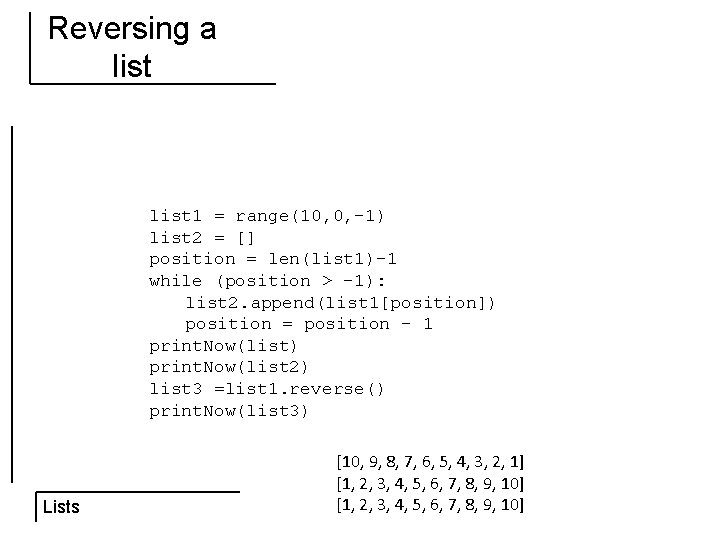 Reversing a list 1 = range(10, 0, -1) list 2 = [] position =