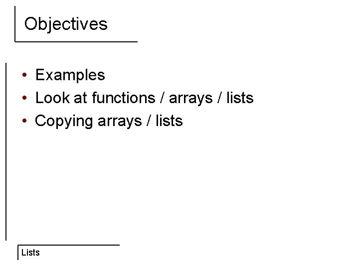 Objectives • Examples • Look at functions / arrays / lists • Copying arrays