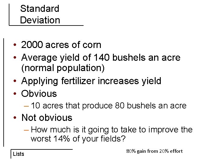 Standard Deviation • 2000 acres of corn • Average yield of 140 bushels an