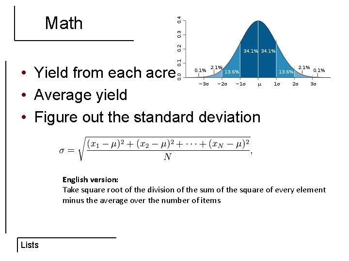 Math • Yield from each acre • Average yield • Figure out the standard