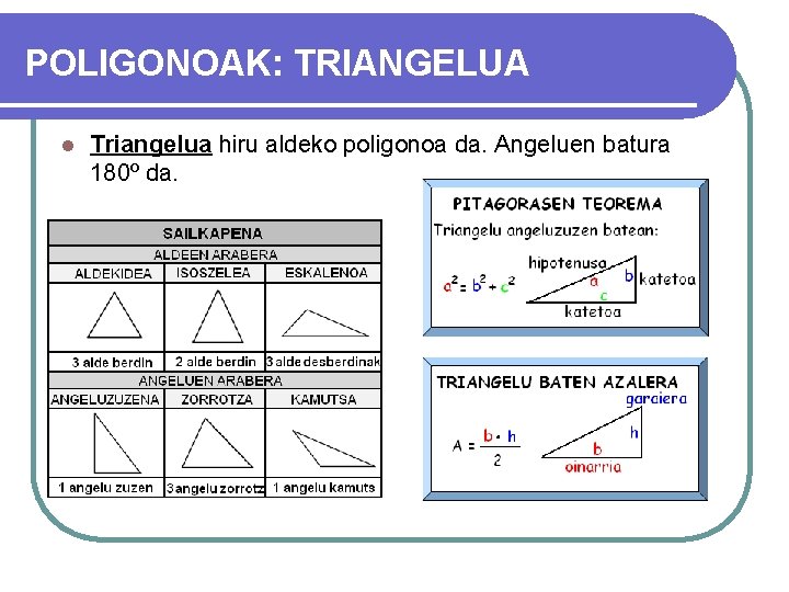 POLIGONOAK: TRIANGELUA l Triangelua hiru aldeko poligonoa da. Angeluen batura 180º da. 