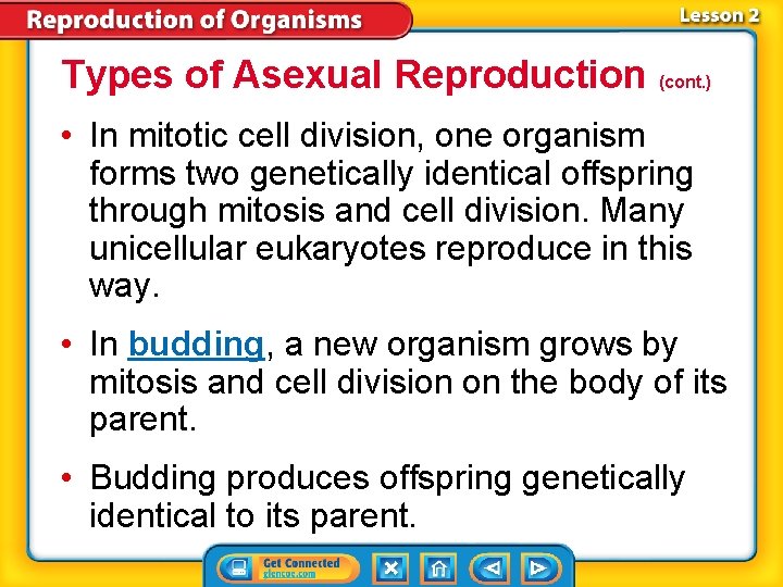 Types of Asexual Reproduction (cont. ) • In mitotic cell division, one organism forms Types of Asexual Reproduction (cont. ) • In mitotic cell division, one organism forms
