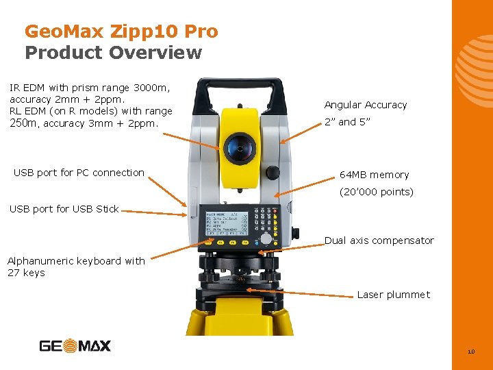 Geo. Max Zipp 10 Product Overview IR EDM with prism range 3000 m, accuracy