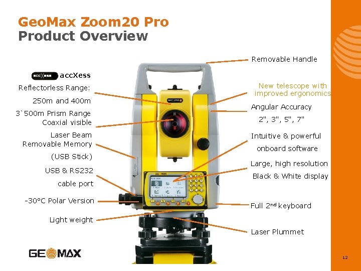 Geo. Max Zoom 20 Product Overview Removable Handle acc. Xess Reflectorless Range: 250 m