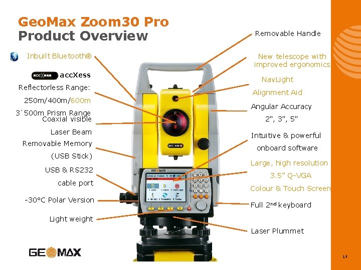 Geo. Max Zoom 30 Product Overview Inbuilt Bluetooth® acc. Xess Reflectorless Range: 250 m/400