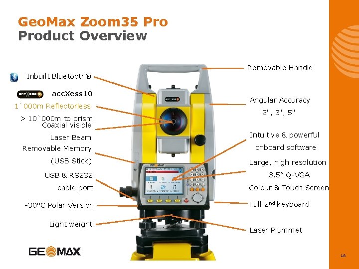 Geo. Max Zoom 35 Product Overview Removable Handle Inbuilt Bluetooth® acc. Xess 10 1`000