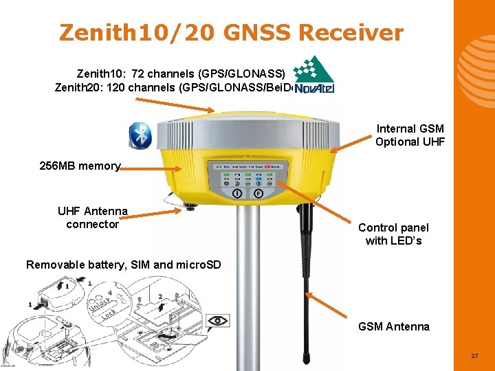 Zenith 10/20 GNSS Receiver Zenith 10: 72 channels (GPS/GLONASS) Zenith 20: 120 channels (GPS/GLONASS/Bei.