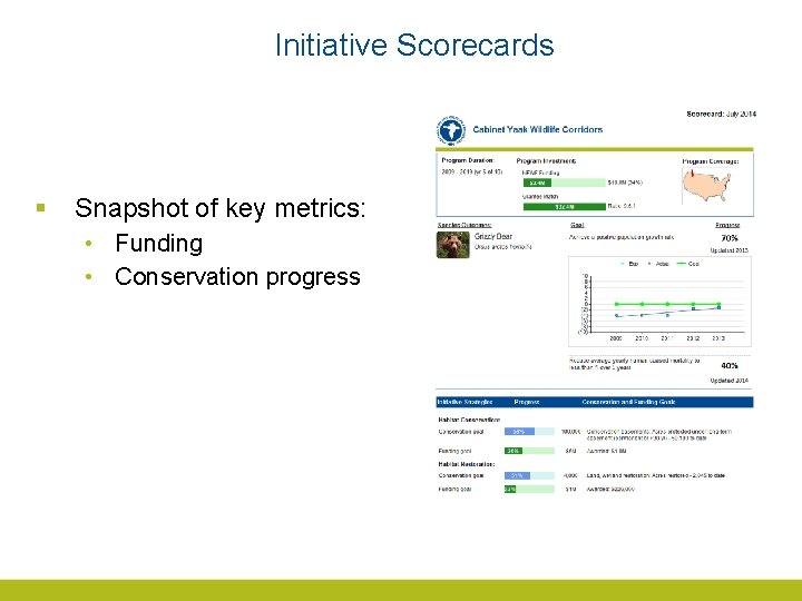 Initiative Scorecards § Snapshot of key metrics: • Funding • Conservation progress 