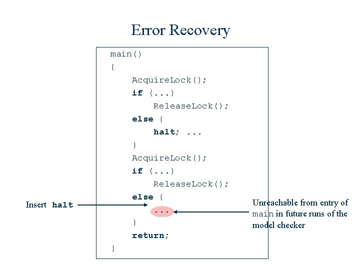 Error Recovery Insert halt main() { Acquire. Lock(); if (. . . ) Release.