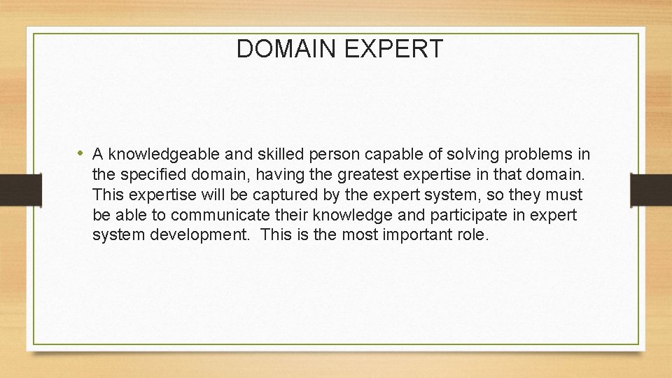 DOMAIN EXPERT • A knowledgeable and skilled person capable of solving problems in the