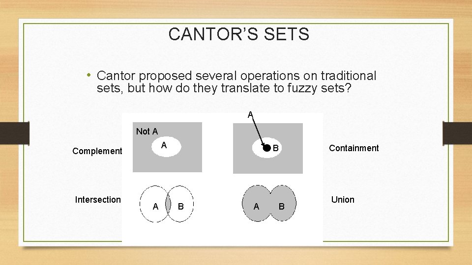 CANTOR’S SETS • Cantor proposed several operations on traditional sets, but how do they