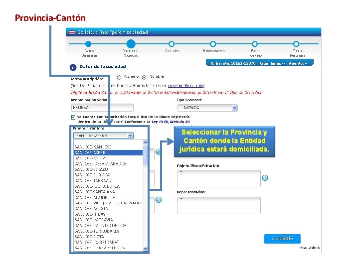 Provincia-Cantón Seleccionar la Provincia y Cantón donde la Entidad jurídica estará domiciliada. 