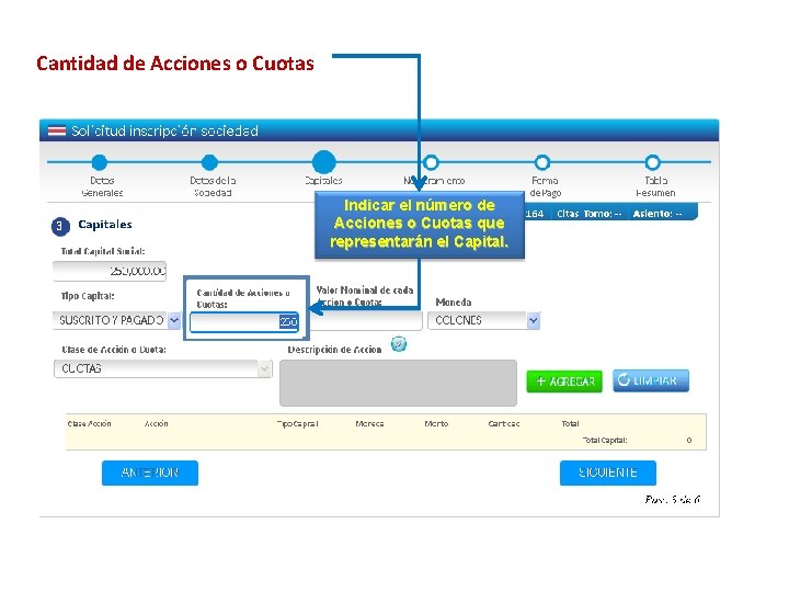 Cantidad de Acciones o Cuotas Indicar el número de Acciones o Cuotas que representarán