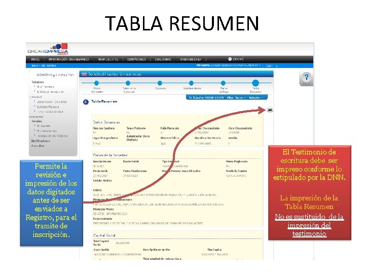 TABLA RESUMEN Permite la revisión e impresión de los datos digitados antes de ser