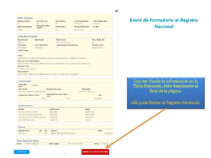 Envió de Formulario al Registro Nacional Una vez Visada la información en la Tabla