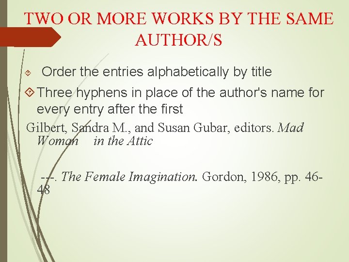 TWO OR MORE WORKS BY THE SAME AUTHOR/S Order the entries alphabetically by title