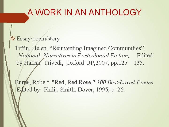 A WORK IN AN ANTHOLOGY Essay/poem/story Tiffin, Helen. “Reinventing Imagined Communities”. National Narratives in