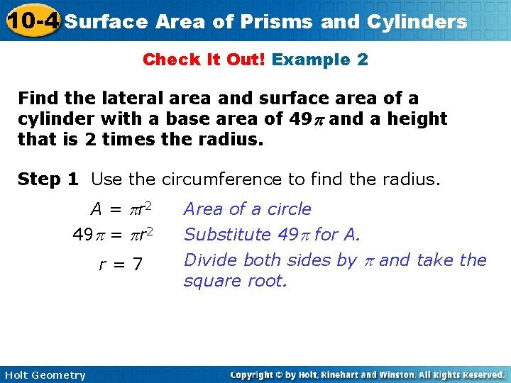 10 -4 Surface Area of Prisms and Cylinders Check It Out! Example 2 Find