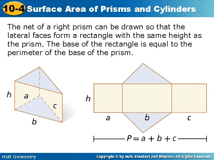 10 -4 Surface Area of Prisms and Cylinders The net of a right prism
