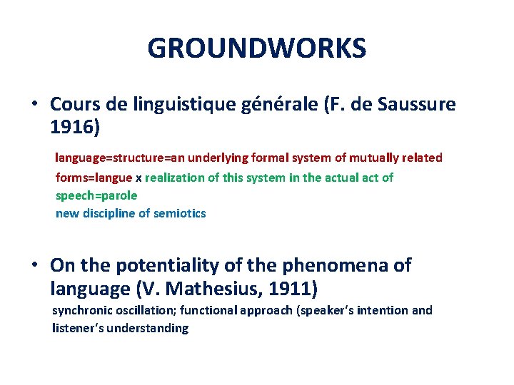GROUNDWORKS • Cours de linguistique générale (F. de Saussure 1916) language=structure=an underlying formal system
