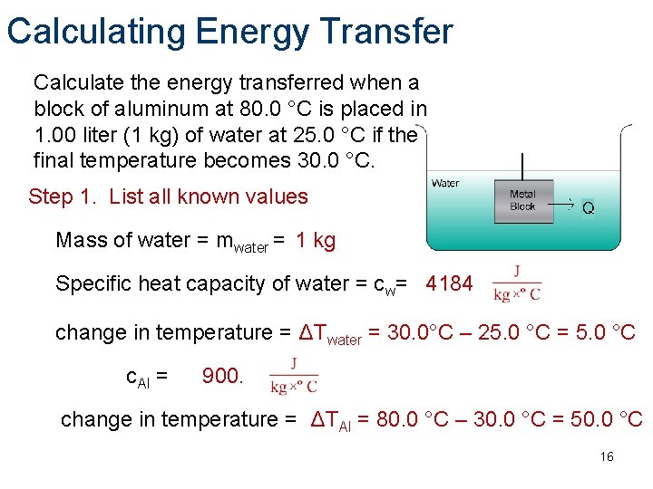 Calculating Energy Transfer Calculate the energy transferred when a block of aluminum at 80.
