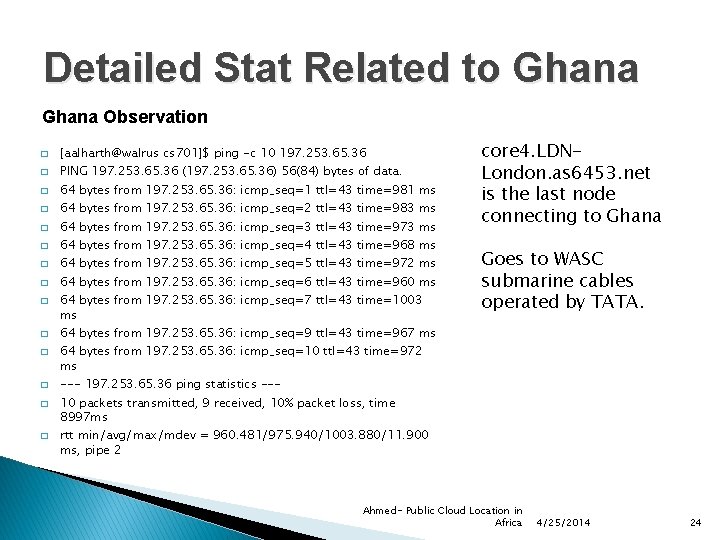 Detailed Stat Related to Ghana Observation � � � � [aalharth@walrus cs 701]$ ping