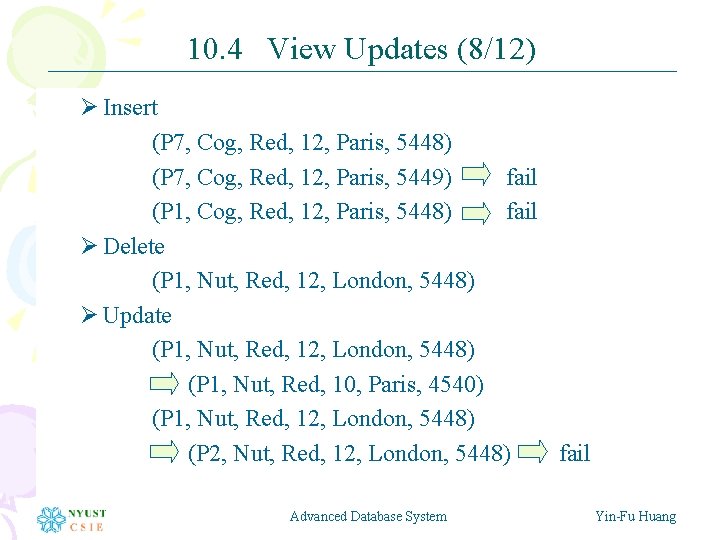 10. 4 View Updates (8/12) Ø Insert (P 7, Cog, Red, 12, Paris, 5448)