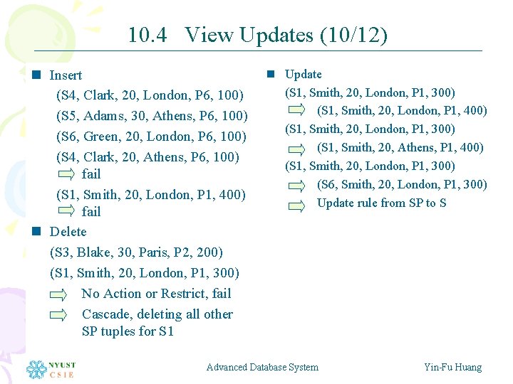 10. 4 View Updates (10/12) n Insert (S 4, Clark, 20, London, P 6,