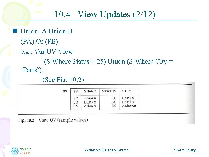 10. 4 View Updates (2/12) n Union: A Union B (PA) Or (PB) e.