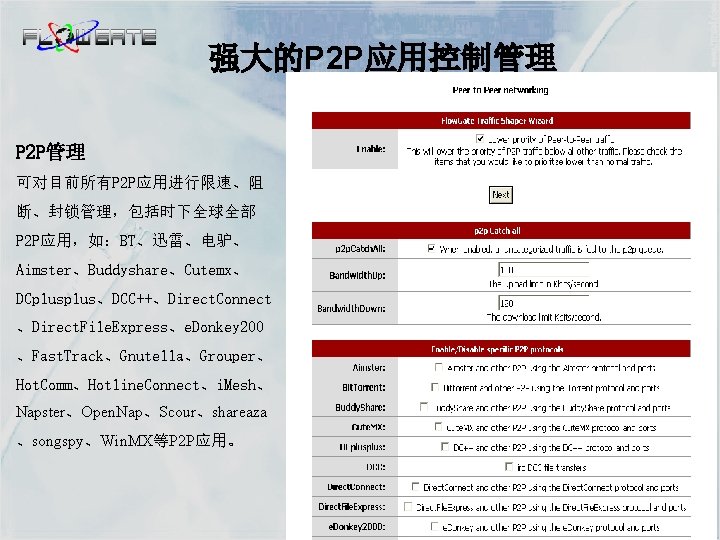 强大的P 2 P应用控制管理 P 2 P管理 可对目前所有P 2 P应用进行限速、阻 断、封锁管理，包括时下全球全部 P 2 P应用，如：BT、迅雷、电驴、 Aimster、Buddyshare、Cutemx、