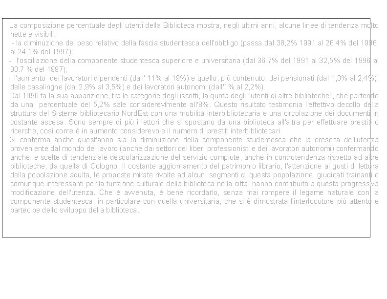 La composizione percentuale degli utenti della Biblioteca mostra, negli ultimi anni, alcune linee di