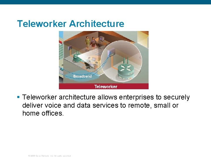 Teleworker Architecture § Teleworker architecture allows enterprises to securely deliver voice and data services
