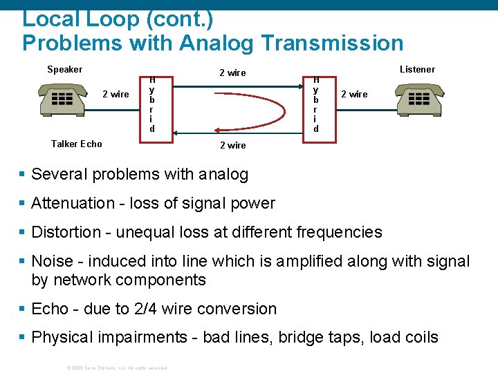 Local Loop (cont. ) Problems with Analog Transmission Speaker 2 wire H y b