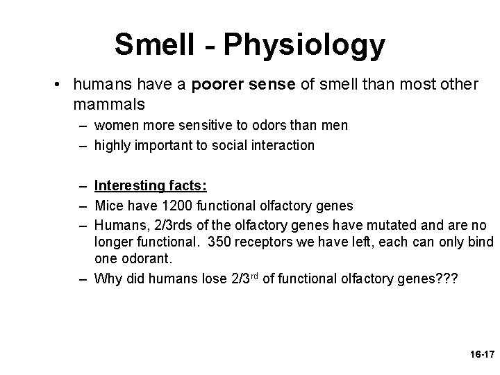 Smell - Physiology • humans have a poorer sense of smell than most other