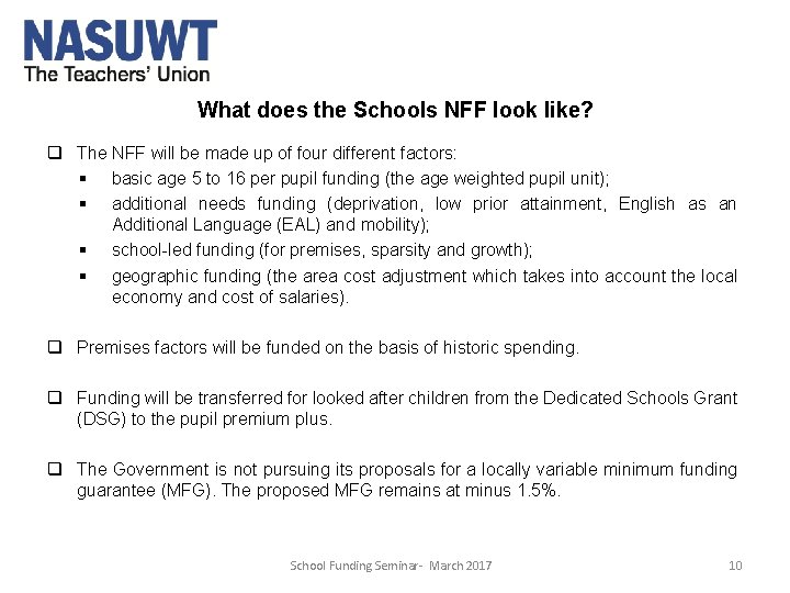 What does the Schools NFF look like? q The NFF will be made up