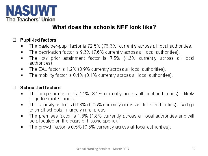 What does the schools NFF look like? q Pupil-led factors § The basic per-pupil