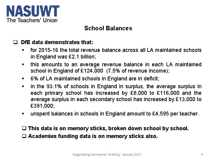 School Balances q Df. E data demonstrates that: § for 2015 -16 the total