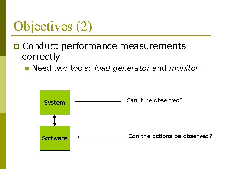 Objectives (2) p Conduct performance measurements correctly n Need two tools: load generator and