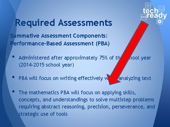 Required Assessments Summative Assessment Components: Performance-Based Assessment (PBA) • • • Administered after approximately