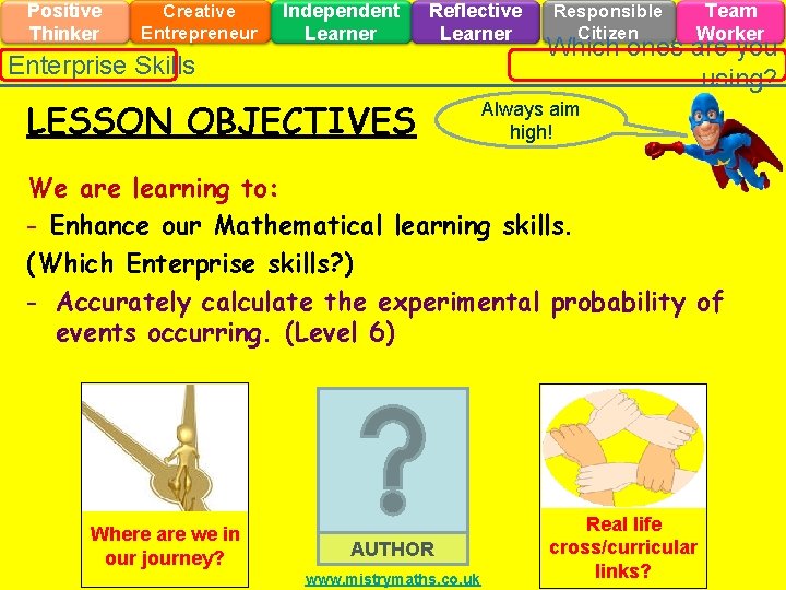 Positive Thinker Creative Entrepreneur Independent Learner Reflective Learner Enterprise Skills LESSON OBJECTIVES Responsible Citizen