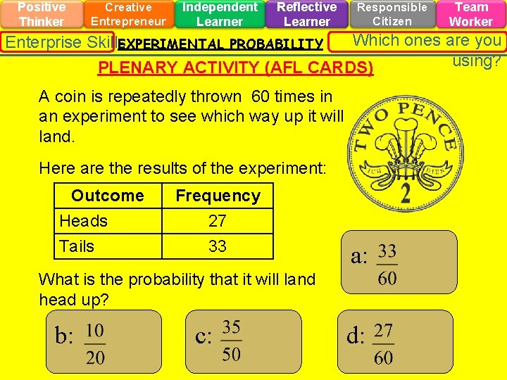 Positive Thinker Creative Entrepreneur Independent Learner Reflective Learner Responsible Citizen Team Worker Which ones