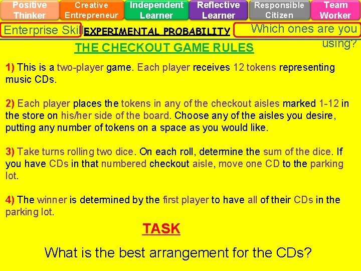 Positive Thinker Creative Entrepreneur Independent Learner Reflective Learner Responsible Citizen Team Worker Which ones