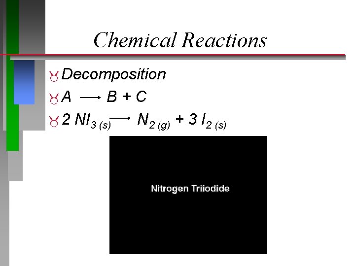 Chemical Reactions Decomposition A B+C 2 NI 3 (s) N 2 (g) + 3