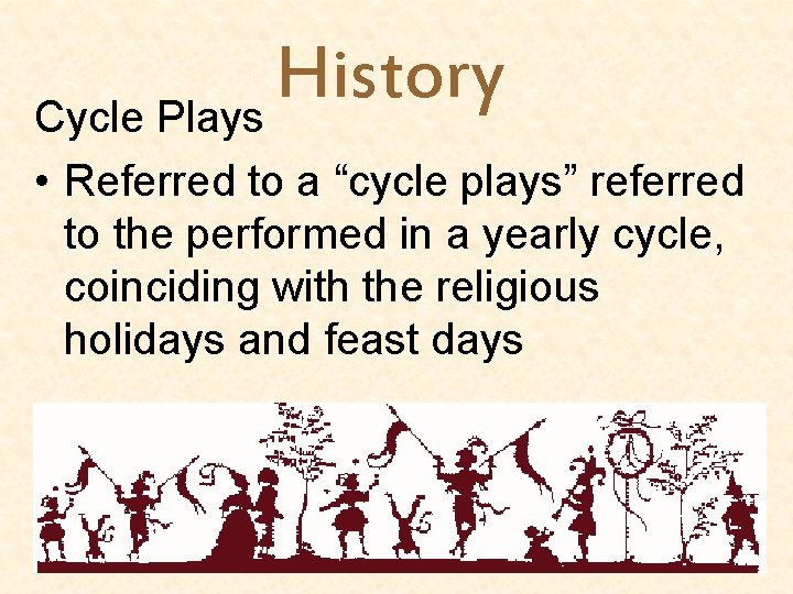 History Cycle Plays • Referred to a “cycle plays” referred to the performed in