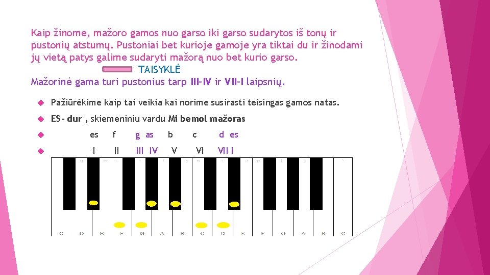 Kaip žinome, mažoro gamos nuo garso iki garso sudarytos iš tonų ir pustonių atstumų.