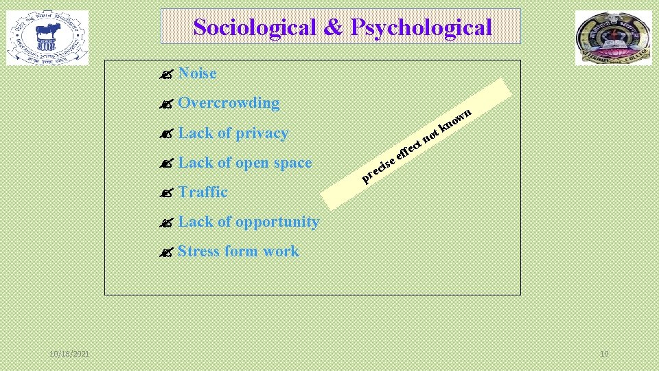 Sociological & Psychological Noise Overcrowding Lack of privacy Lack of open space Traffic se Sociological & Psychological Noise Overcrowding Lack of privacy Lack of open space Traffic se