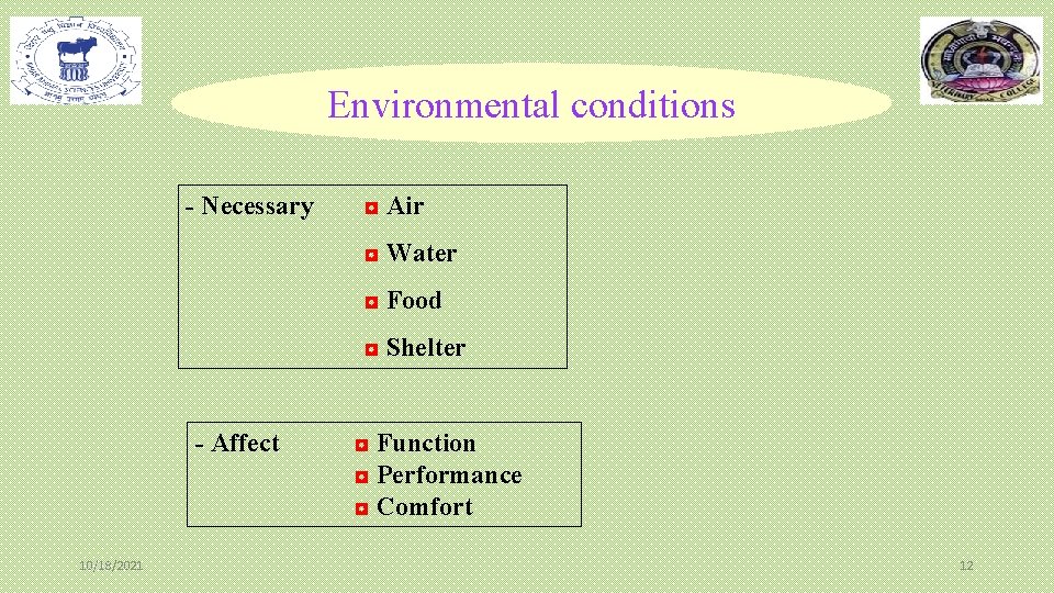 Environmental conditions - Necessary ◘ Air ◘ Water ◘ Food ◘ Shelter - Affect Environmental conditions - Necessary ◘ Air ◘ Water ◘ Food ◘ Shelter - Affect