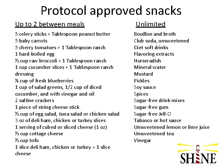 Protocol approved snacks Up to 2 between meals 5 celery sticks + Tablespoon peanut