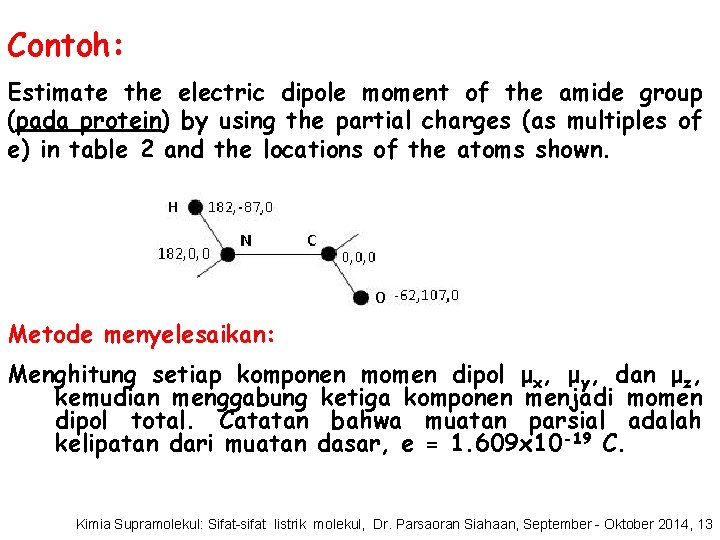 Contoh: Estimate the electric dipole moment of the amide group (pada protein) by using