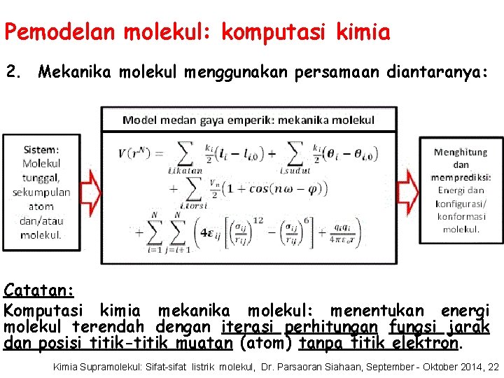 Pemodelan molekul: komputasi kimia 2. Mekanika molekul menggunakan persamaan diantaranya: Catatan: Komputasi kimia mekanika